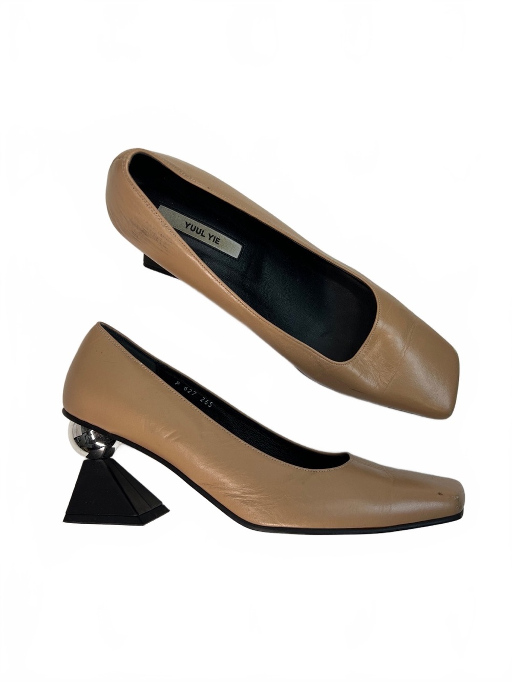 Yuul Yie Sculptural Orb Heel Tan Pumps Square Toe Shoes Size 39.5